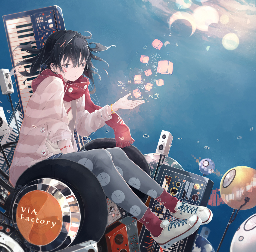 black_eyes black_hair bracelet cube earbuds earphones facial_mark grey_legwear highres instrument jewelry keyboard_(instrument) musical_note original pantyhose print_legwear red_scarf scarf shoes shorts sitting smile sneakers socks socks_over_pantyhose solo speaker yushika