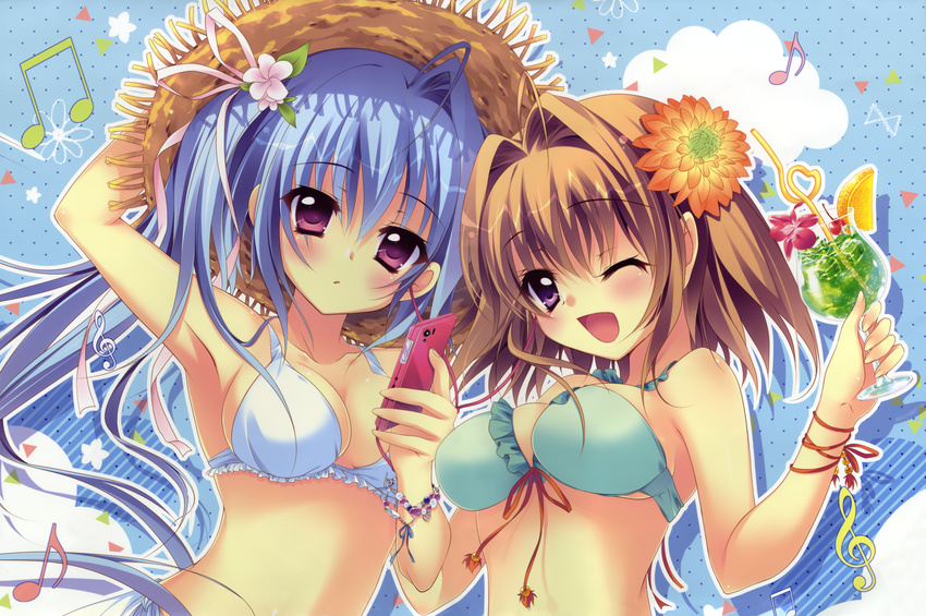 ;d absurdres bikini blue_bikini blue_hair breasts brown_hair cellphone cleavage dahlia disc_cover flower hair_flower hair_intakes hair_ornament hat highres huge_filesize ichinose_mio_(koi_ga_saku_koro_sakura_doki) innertube izumi_tsubasu koi_ga_saku_koro_sakura_doki medium_breasts multiple_girls musical_note one_eye_closed open_mouth orchid phone purple_eyes single_hair_intake smile straw_hat swimsuit tsukishima_yuuri white_bikini