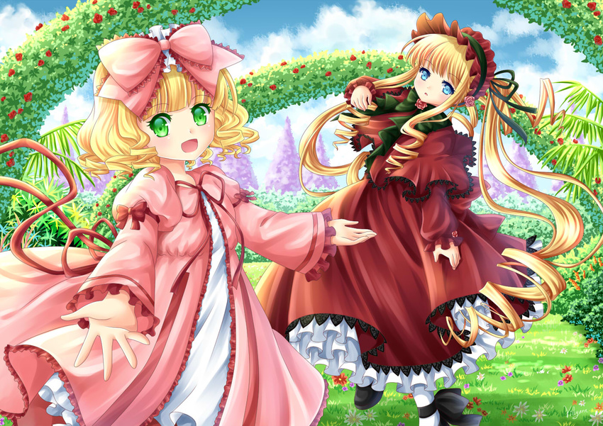 :d blonde_hair blue_eyes bow dress drill_hair green_eyes hair_bow hair_ribbon hairband hina_ichigo lolita_fashion lolita_hairband long_hair looking_at_viewer multiple_girls open_mouth outstretched_arms pink_bow reaching red_dress ribbon rozen_maiden shinku short_hair smile spread_arms twin_drills twintails villyane