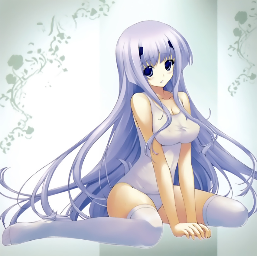 breasts cleavage covered_nipples highres inia_sestina large_breasts lavender_eyes lavender_hair long_hair miyata_sou muvluv muvluv_alternative muvluv_total_eclipse one-piece_swimsuit scan school_swimsuit sitting smile solo swimsuit taut_clothes taut_swimsuit thighhighs very_long_hair wariza white_legwear white_school_swimsuit white_swimsuit