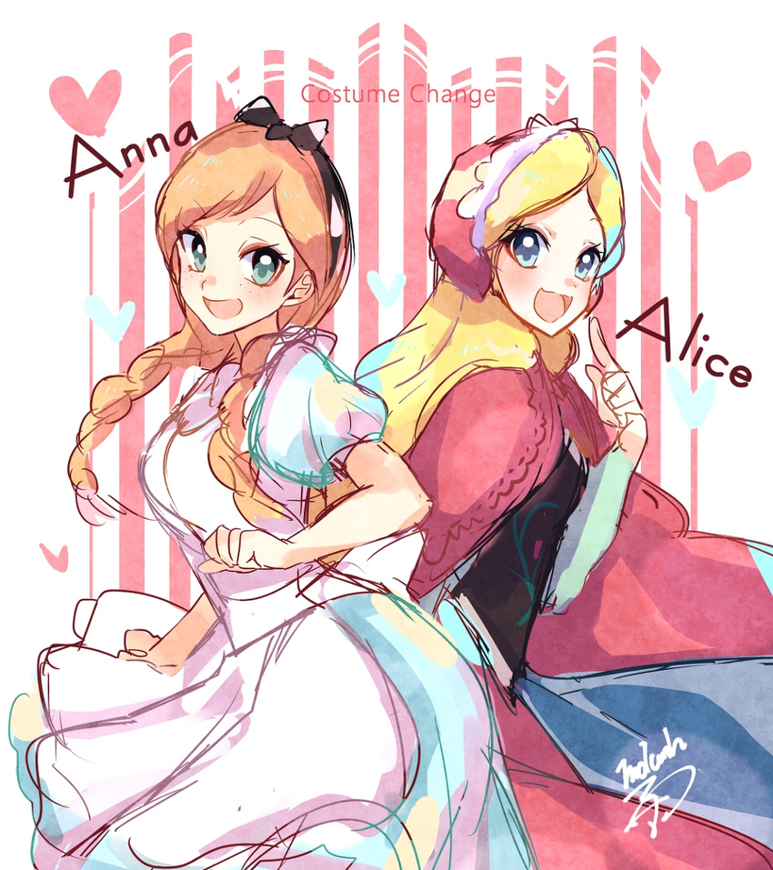 2girls alice alice_(wonderland) alice_in_wonderland anna_(frozen) blonde_hair blue_eyes character_name cosplay costume_swap costume_switch crossover frozen_(disney) happy heart multiple_girls red_hair smile twin_braids