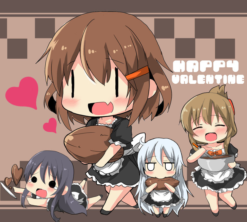 4girls :d ^_^ ^o^ akatsuki_(kantai_collection) alternate_costume apron blush brown_hair chocolate chocolate_heart closed_eyes english_text eyes_closed fang folded_ponytail frilled_apron frills hair_ornament hairclip heart hibiki_(kantai_collection) highres holding ikazuchi_(kantai_collection) inazuma_(kantai_collection) kantai_collection long_hair maid_apron multiple_girls open_mouth oshiruko_(uminekotei) purple_hair short_hair silver_hair smile tears valentine white_apron