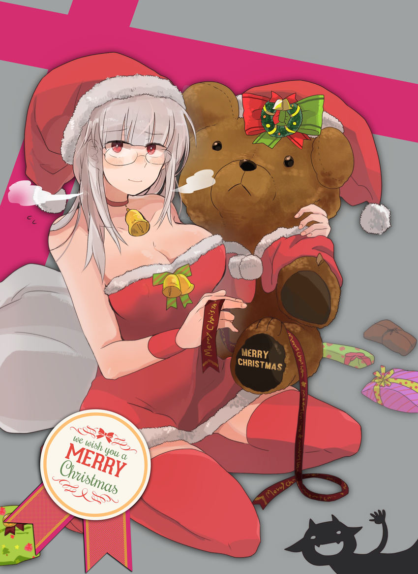 bell bell_choker blush bracer breasts choker christmas cleavage collarbone dress flying_sweatdrops fur_trim gift glasses hat heidimarie_w_schnaufer highres ika_(hinatu1992) large_breasts long_hair merry_christmas miyafuji_yoshika red_dress red_eyes red_legwear santa_costume santa_hat short_dress silhouette_demon silver_hair sitting smile solo strapless strapless_dress strike_witches stuffed_animal stuffed_toy teddy_bear thighhighs world_witches_series wreath