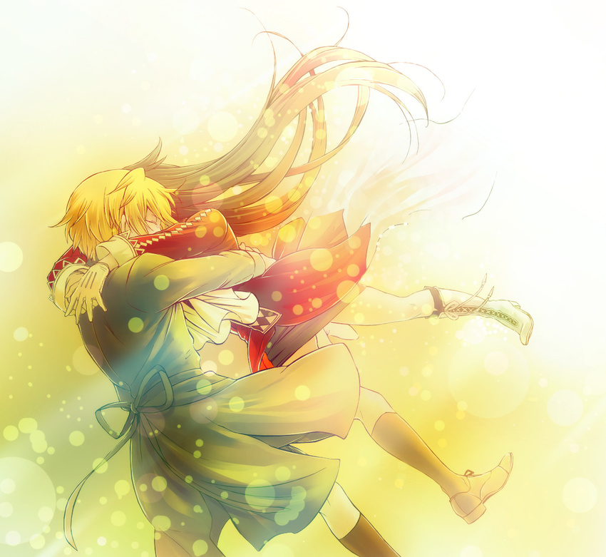 1girl alice_(pandora_hearts) blonde_hair boots brown_hair closed_eyes couple cross-laced_footwear falling formal gloves hetero hug knee_boots lace-up_boots long_hair necktie oz_vessalius pandora_hearts shionmion short_hair skirt trench_coat very_long_hair vest white_footwear