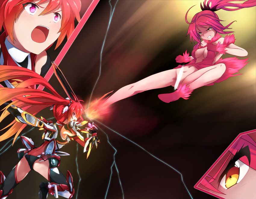 2girls ass censored cleavage_cutout cut-in fight fighting genderswap humanization iwabane_yuno kicking leotard mitsuka_souji multiple_girls open_mouth ore_twintail_ni_narimasu osatanosatan personification phoenix_guildy pink_eyes pink_hair ponytail sword tail_red tailred thighhighs weapon