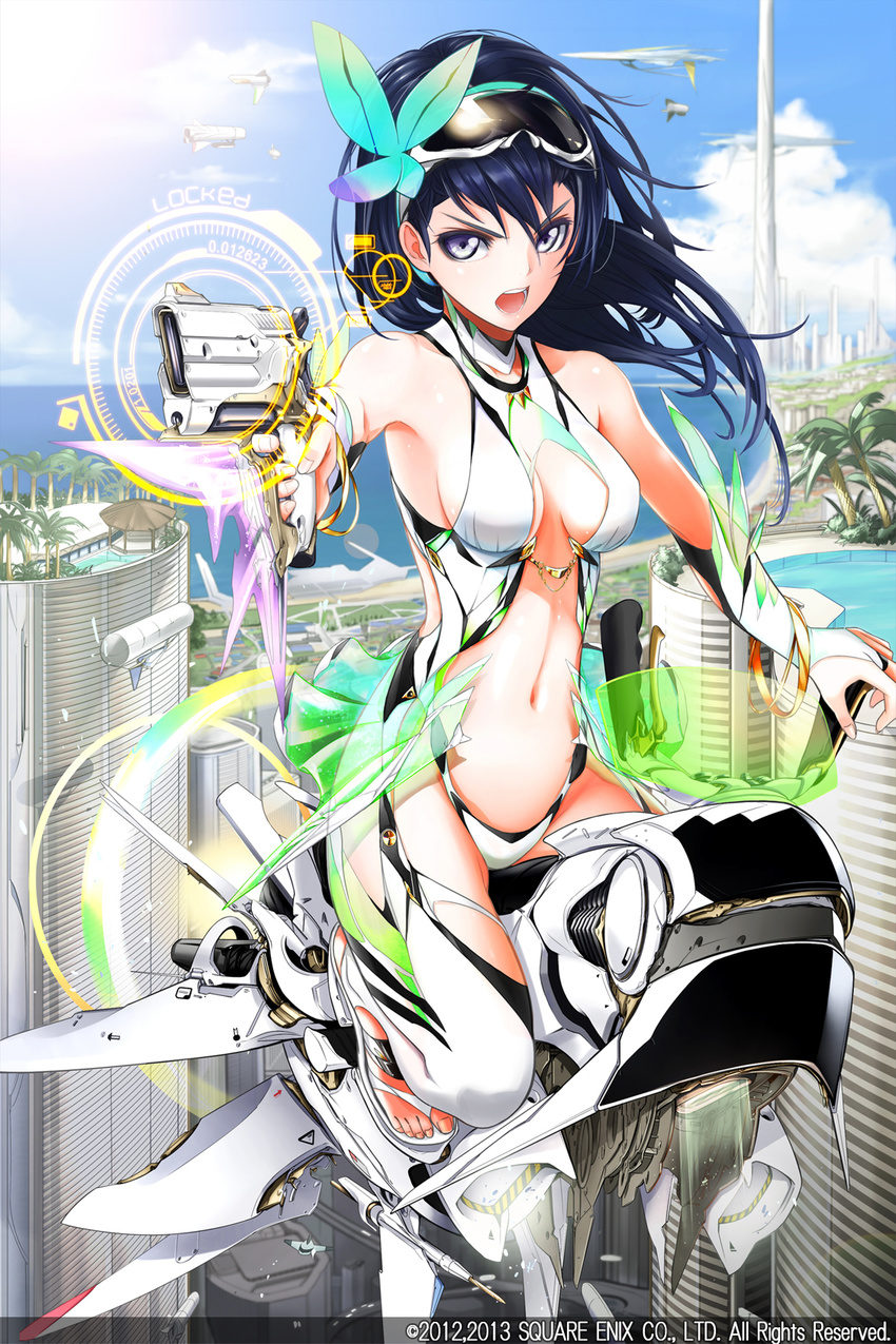 bare_shoulders beach blue_eyes blue_hair bracelet building character_request company_name day elbow_gloves fingerless_gloves future giba_(out-low) gloves goggles gun hair_ornament highres hover_bike jewelry long_hair looking_at_viewer midriff navel official_art open_mouth palm_tree science_fiction square_enix star_galaxy tree tsurime weapon