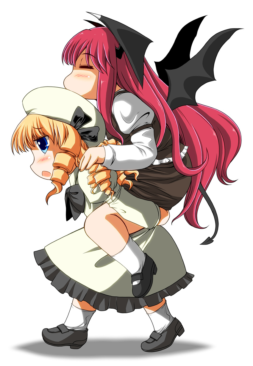 :o =_= armband bat_wings blonde_hair blue_eyes blush bow carrying chibi closed_eyes commentary_request demon_tail dress dress_shirt drill_hair e-kingdom frills hat hat_bow head_wings highres juliet_sleeves koakuma loafers long_hair long_sleeves luna_child multiple_girls no_mouth open_mouth piggyback puffy_sleeves quad_drills red_hair shirt shoes sidelocks simple_background skirt skirt_set socks tail touhou very_long_hair vest walking white_background white_dress white_shirt wings