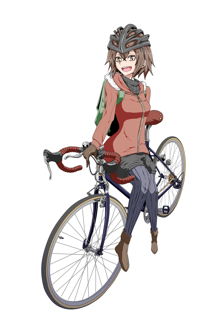 :d absurdres backpack bag bicycle brown_eyes brown_hair full_body ground_vehicle helmet highres jacket looking_at_viewer open_mouth original pantyhose potato_pot shoes short_hair shorts sidesaddle simple_background sitting smile solo striped striped_legwear vertical_stripes white_background