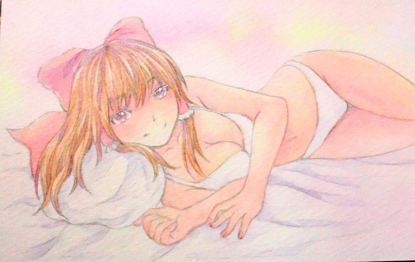 bikini bow breasts brown_eyes brown_hair cleavage collarbone hair_bow hair_tubes hakurei_reimu highres long_hair lying medium_breasts navel on_side pillow pink_background smile solo swimsuit thigh_gap touhou traditional_media watercolor_(medium) white_bikini yuyu_(00365676)