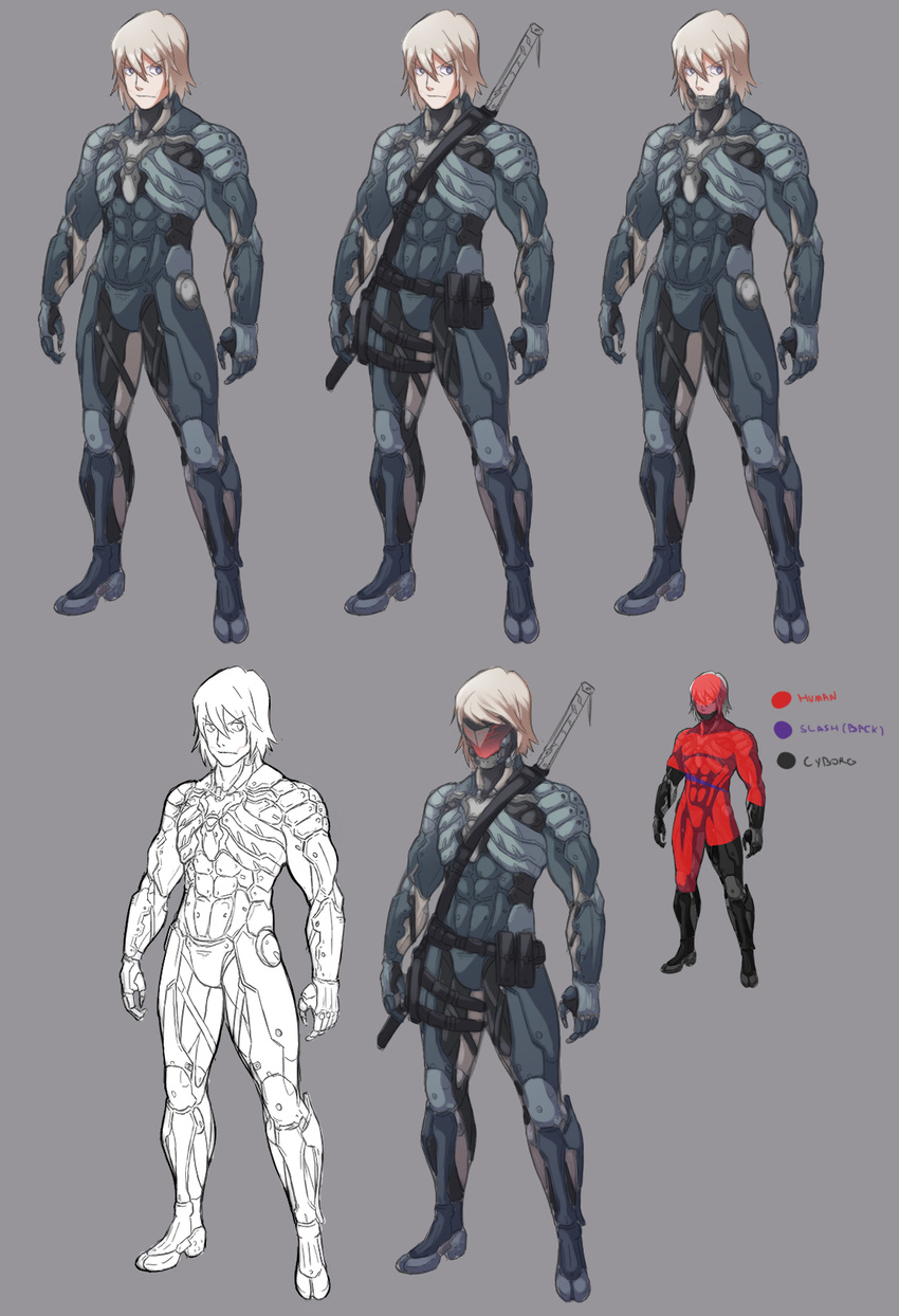 commentary cyborg english_commentary highres male_focus metal_gear_(series) metal_gear_rising:_revengeance metal_gear_solid_2 metal_gear_solid_4 over_shoulder power_suit raiden sneaking_suit solo spike_wible sword sword_over_shoulder visor weapon weapon_over_shoulder what_if white_hair