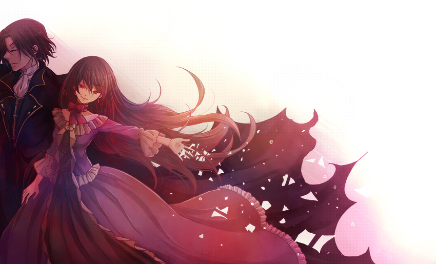 bare_shoulders bow brother_and_sister brown_hair choker closed_eyes dress earrings formal frilled_dress frills highres jewelry lacie_baskerville long_hair oswald_baskerville pandora_hearts red_eyes shionmion short_hair siblings smile very_long_hair