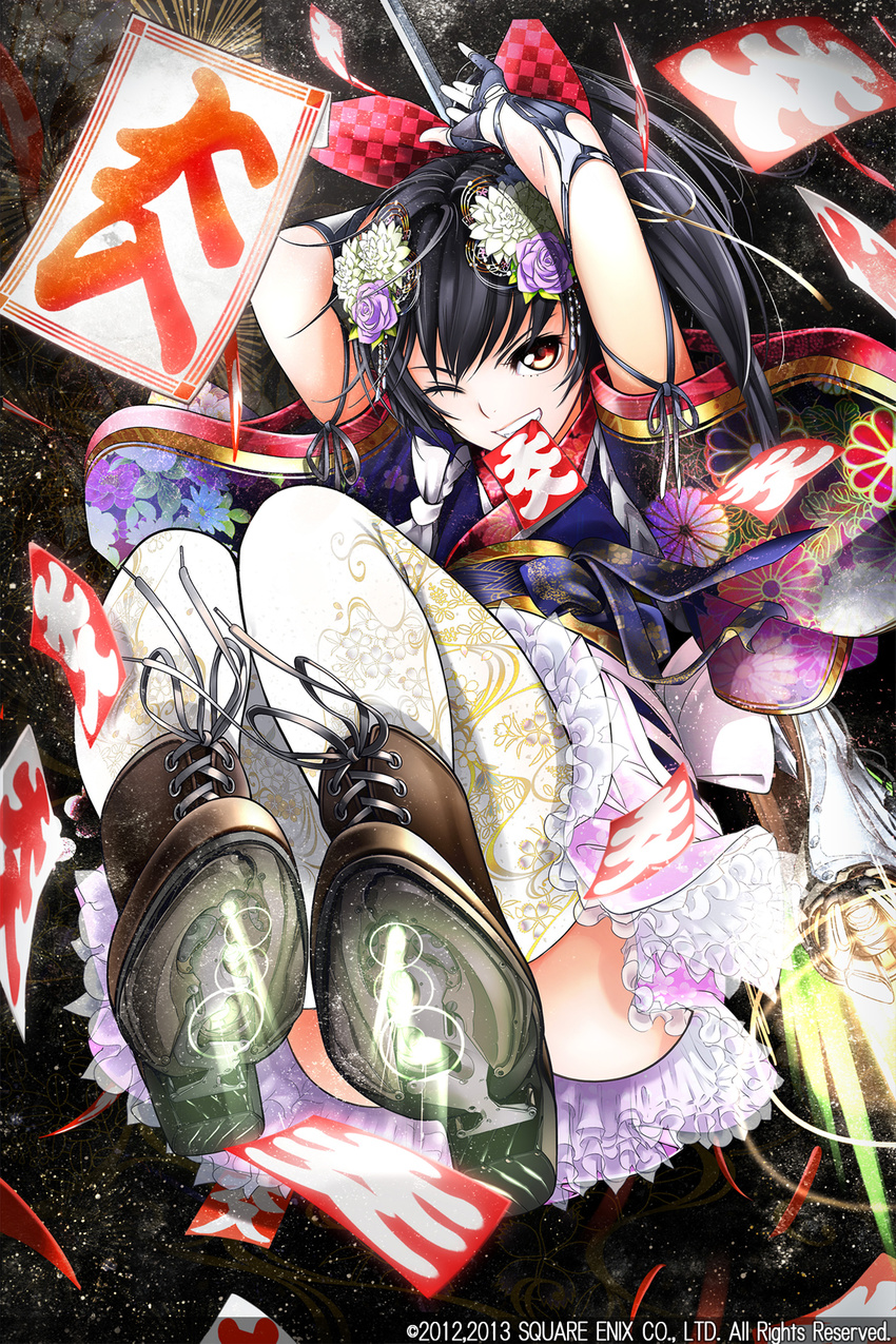 arms_up black_hair boots bow character_request company_name cross-laced_footwear elbow_gloves fingerless_gloves fireworks flower giba_(out-low) gloves hair_bow hair_flower hair_ornament highres japanese_clothes kimono long_hair looking_at_viewer mouth_hold official_art one_eye_closed orange_eyes ponytail rocket_boots science_fiction sky square_enix star_(sky) star_galaxy starry_sky thighhighs