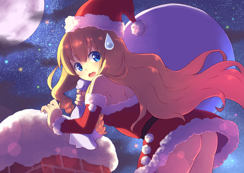 amagi_brilliant_park ass bare_shoulders blonde_hair blush chimney christmas detached_sleeves from_behind full_moon fur_trim hat highres latifa_fleuranza long_hair looking_back moon moonhackle night night_sky open_mouth over_shoulder sack santa_costume santa_hat sky snow solo star_(sky) starry_sky sweatdrop very_long_hair