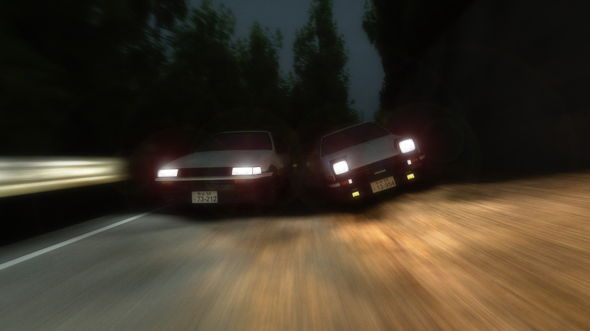 battle car forest ground_vehicle guard_rail headlight highres initial_d lens_flare lights motion_blur motor_vehicle nature night night_sky no_humans outdoors pacochan road sky toyota toyota_corolla_levin toyota_sprinter_trueno tree