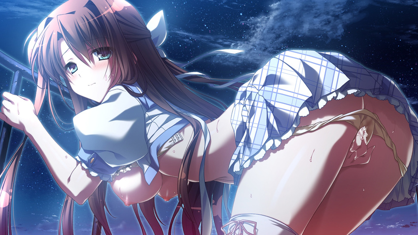 aqua_eyes arched_back areolae bent_over between_legs blush breasts brown_hair fingering game_cg glowing hand_between_legs long_hair natsuzora_no_perseus night nipples open_clothes outdoors panties sawatari_tohka short_sleeves shouna_mitsuishi skirt sky solo star_(sky) starry_sky sweat takasaki_mako thighhighs underwear white_legwear yellow_panties