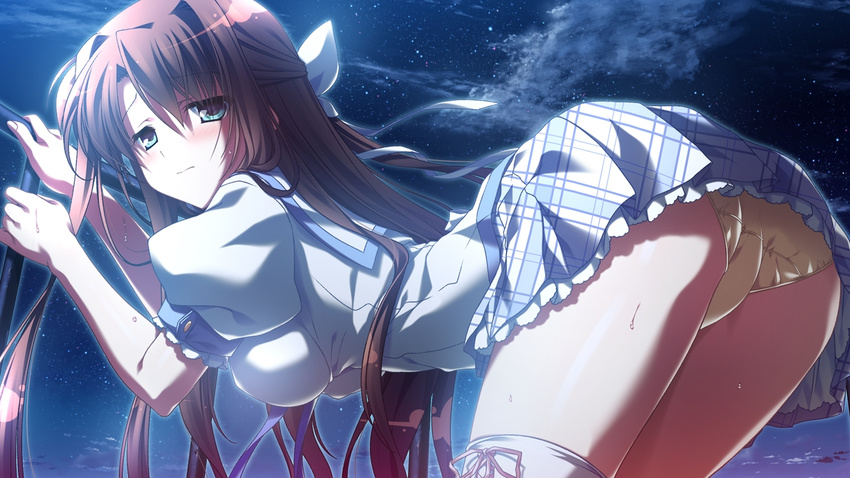 1girl aqua_eyes arched_back bent_over blush breasts brown_hair game_cg glowing long_hair natsuzora_no_perseus night open_clothes outdoors panties sawatari_tohka short_sleeves shouna_mitsuishi skirt sky solo star_(sky) starry_sky sweat takasaki_mako thighhighs underwear white_legwear yellow_panties