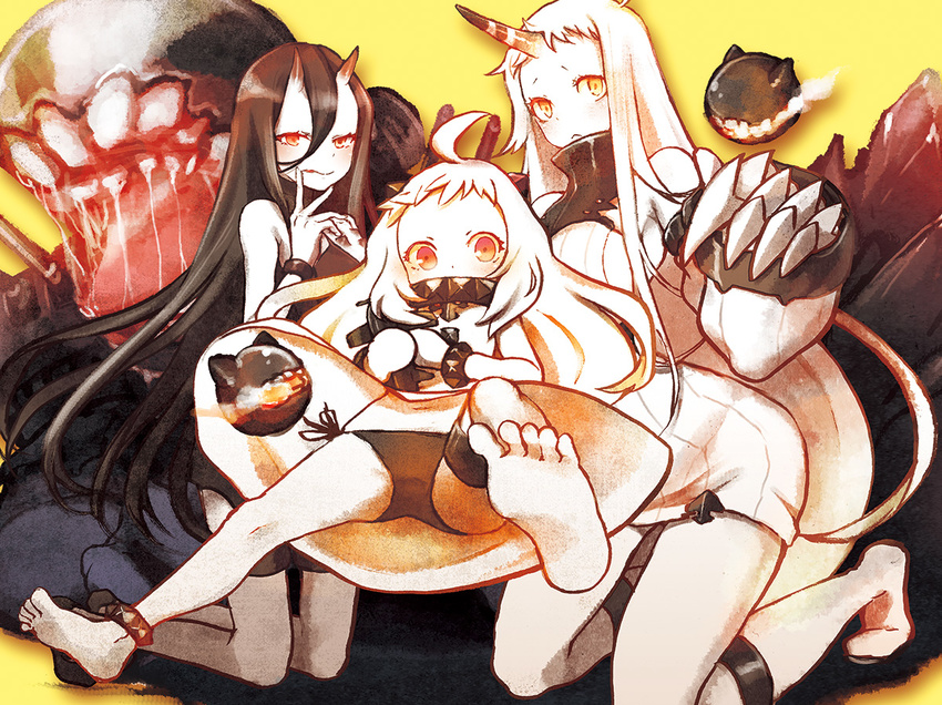 ahoge battleship_hime black_hair black_panties claws detached_sleeves dress horn horns kantai_collection long_hair mittens multiple_girls northern_ocean_hime orange_eyes panties red_eyes seaport_hime shinkaisei-kan shinryou_rei side-tie_panties underwear white_dress white_hair white_skin yellow_eyes