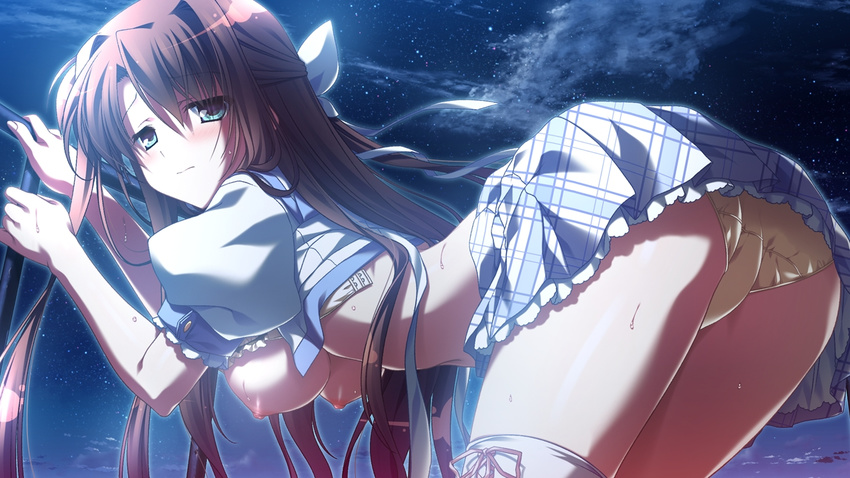 1girl aqua_eyes arched_back areolae bent_over blush breasts brown_hair game_cg glowing long_hair natsuzora_no_perseus night nipples open_clothes outdoors panties sawatari_tohka short_sleeves shouna_mitsuishi skirt sky solo star_(sky) starry_sky sweat takasaki_mako thighhighs underwear white_legwear yellow_panties