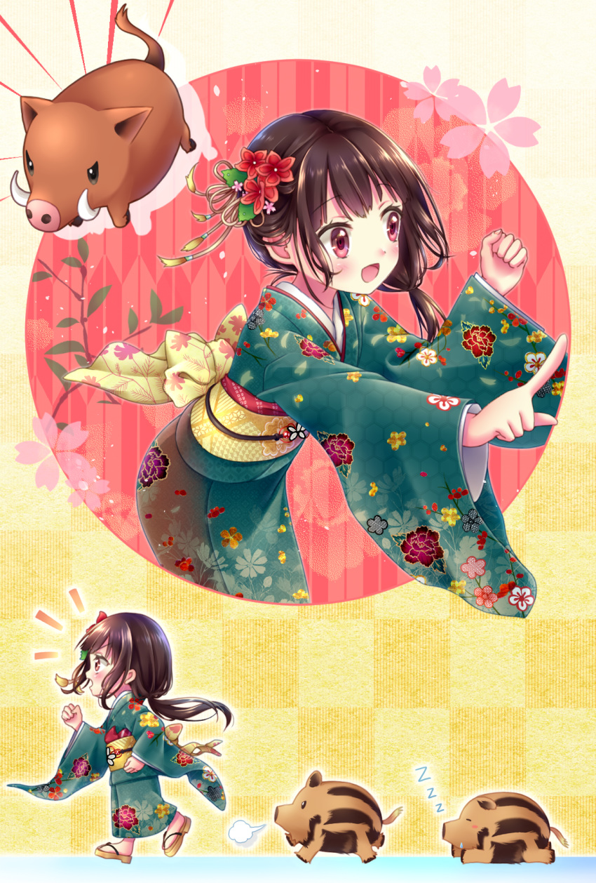 1girl :d animal bangs blush boar brown_footwear brown_hair checkered chinese_zodiac commentary_request eyebrows_visible_through_hair eyes_closed fingernails floral_print flower green_kimono hair_ornament highres japanese_clothes kimono kirizuki_riko leaning_forward long_hair long_sleeves nengajou new_year obi open_mouth original pink_flower print_kimono profile red_eyes sash sleeping smile wide_sleeves year_of_the_pig zouri zzz
