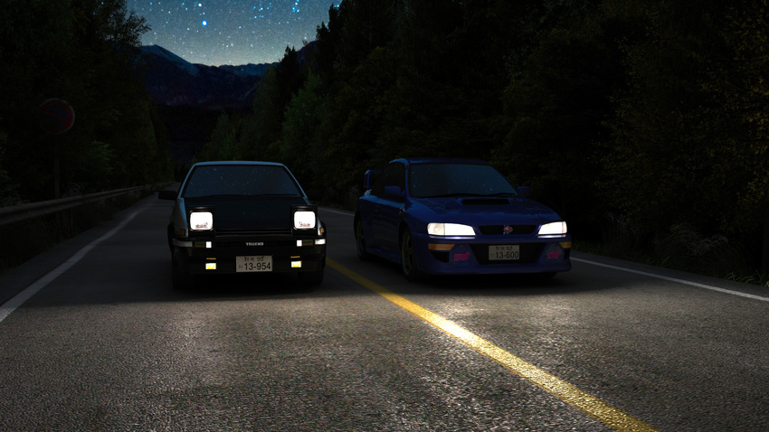 battle car forest ground_vehicle headlight highres initial_d lights motor_vehicle mountain nature night night_sky no_humans outdoors pacochan road road_sign sign sky star_(sky) starry_sky subaru_(brand) subaru_impreza toyota toyota_sprinter_trueno tree