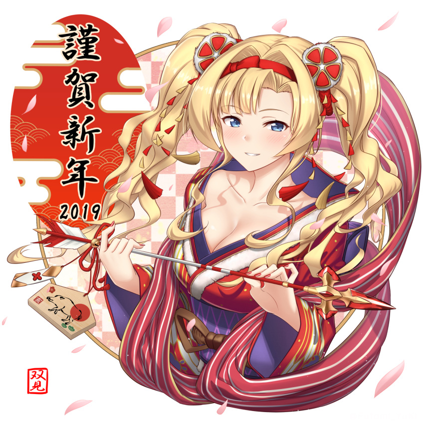 1girl 2019 arrow bangs bell blonde_hair blue_eyes blush breasts checkered cherry_blossoms cleavage collarbone commentary_request cropped_torso ema eyebrows_visible_through_hair futami_(mg42fw190d) gem granblue_fantasy hagoromo hair_intakes hair_ornament hair_ribbon hairband hamaya happy_new_year highres holding holding_arrow japanese_clothes jingle_bell kimono large_breasts light_smile long_hair long_sleeves looking_at_viewer nail_polish nengajou new_year obi parted_bangs parted_lips red_hairband red_kimono red_nails red_ribbon ribbon sash shadow shawl shiny shiny_hair sidelocks solo tassel twintails upper_body wavy_hair white_background wide_sleeves zeta_(granblue_fantasy)