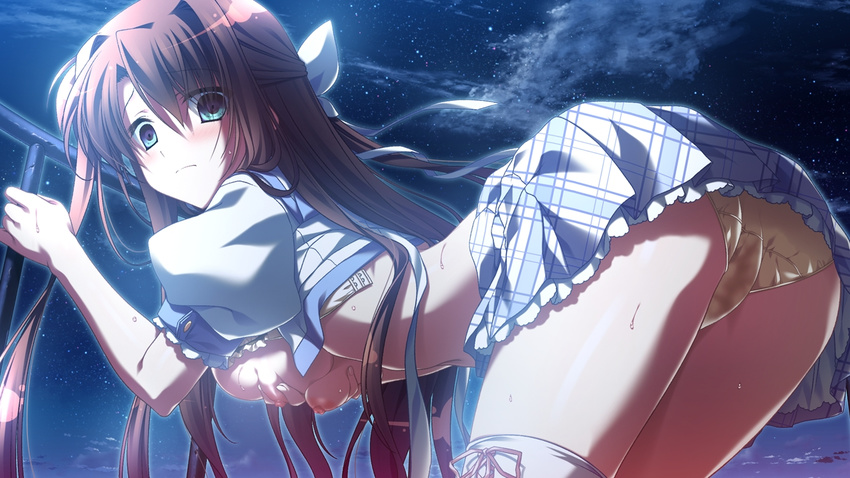 1girl aqua_eyes arched_back areolae bent_over blush breasts brown_hair game_cg glowing long_hair natsuzora_no_perseus night nipples open_clothes outdoors panties sawatari_tohka self_fondle short_sleeves shouna_mitsuishi skirt sky solo star_(sky) starry_sky sweat takasaki_mako thighhighs underwear white_legwear yellow_panties