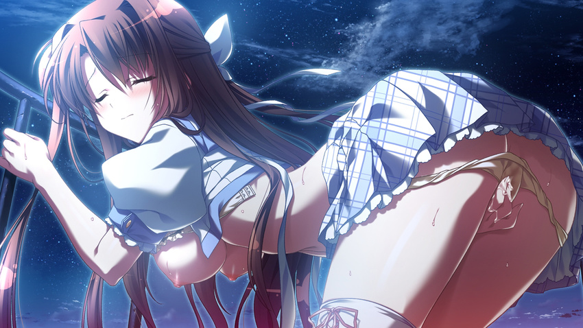 arched_back areolae bent_over between_legs blush breasts brown_hair eyes_closed fingering game_cg glowing hand_between_legs long_hair natsuzora_no_perseus night nipples open_clothes outdoors panties sawatari_tohka short_sleeves shouna_mitsuishi skirt sky solo star_(sky) starry_sky sweat takasaki_mako thighhighs underwear white_legwear yellow_panties