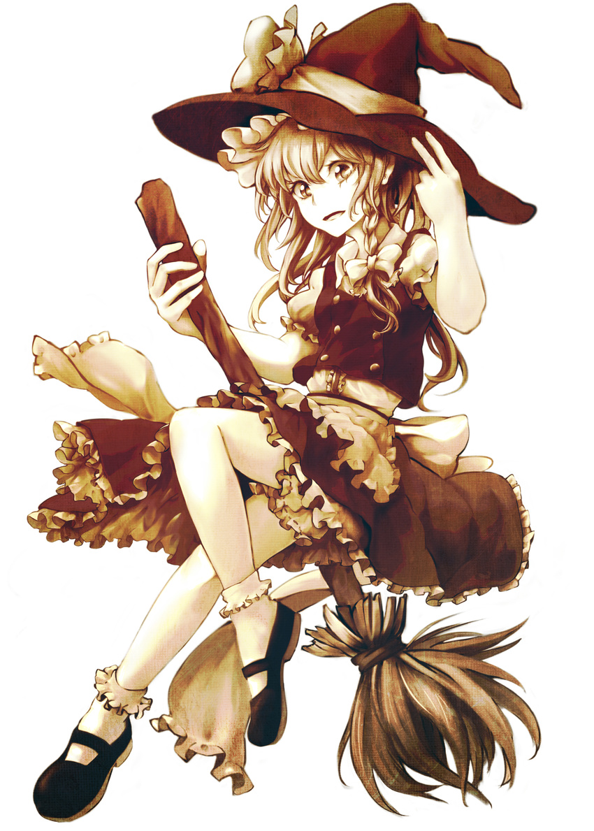 absurdres apron bangs bare_arms bloomers bobby_socks bow braid breasts broom broom_riding buttons collared_shirt eruza eyelashes frilled_apron frilled_bow frilled_hat frilled_legwear frilled_skirt frilled_sleeves frills full_body hair_between_eyes hair_bow hand_on_headwear hat hat_bow highres holding holding_broom kirisame_marisa leg_up long_hair looking_at_viewer mary_janes miniskirt monochrome open_mouth platform_footwear puffy_short_sleeves puffy_sleeves sash shirt shoes short_sleeves side_braid simple_background single_braid skirt skirt_set small_breasts socks solo tareme tongue touhou underwear vest white_background witch witch_hat