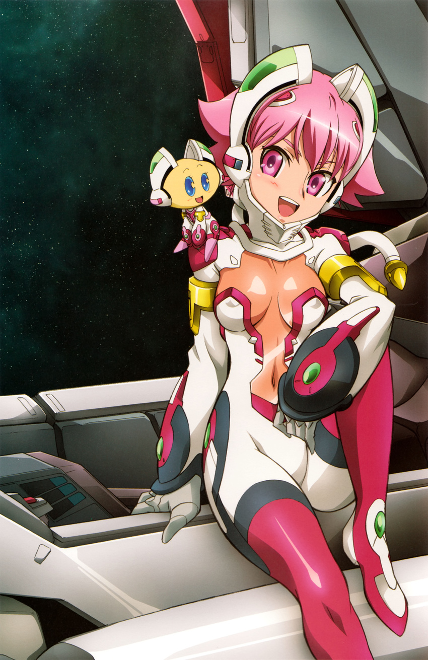 :d absurdres android arm_support armlet bald bangs blue_eyes blush bodysuit breasts cable cockpit covered_navel covered_nipples eye_contact flipped_hair gloves hair_ornament happy head_tilt headgear highres kabashima_yousuke knee_up looking_at_another mecha minigirl official_art open_mouth outdoors pilot_suit pink_eyes pink_hair q-tector qt-arms scan see-through shiny shiny_clothes shishidou_akiha shishidou_imoko short_hair sitting size_difference sky small_breasts smile sora_wo_kakeru_shoujo space star_(sky) starry_sky starsylph yellow_skin