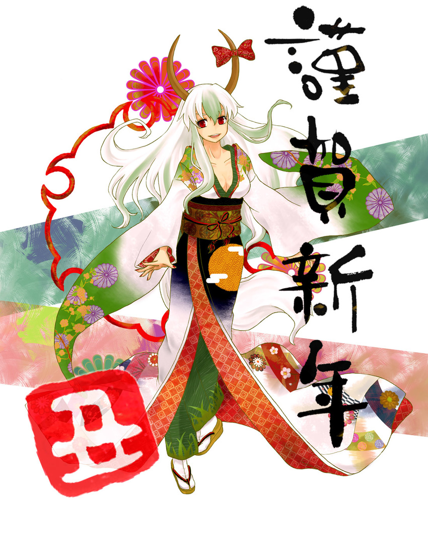 breasts cleavage clog_sandals ex-keine green_hair highres horn_ribbon horns japanese_clothes kamishirasawa_keine kimono long_hair medium_breasts multicolored_hair nail_polish open_mouth ozawa red_eyes red_nails ribbon shippou_(pattern) smile solo tabi tail touhou translation_request two-tone_hair white_hair