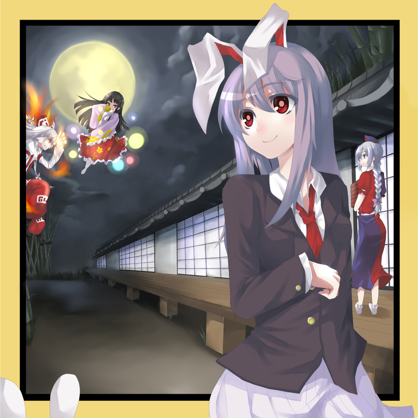 animal_ears arm_garter bamboo battle black_hair blue_eyes border braid brown_eyes bunny_ears danmaku duel eyelashes fire fujiwara_no_mokou full_moon hair_ribbon highres hitoto houraisan_kaguya lavender_hair long_hair moon multiple_girls necktie night red_eyes red_neckwear reisen_udongein_inaba ribbon silver_hair single_braid smile socks touhou veranda yagokoro_eirin