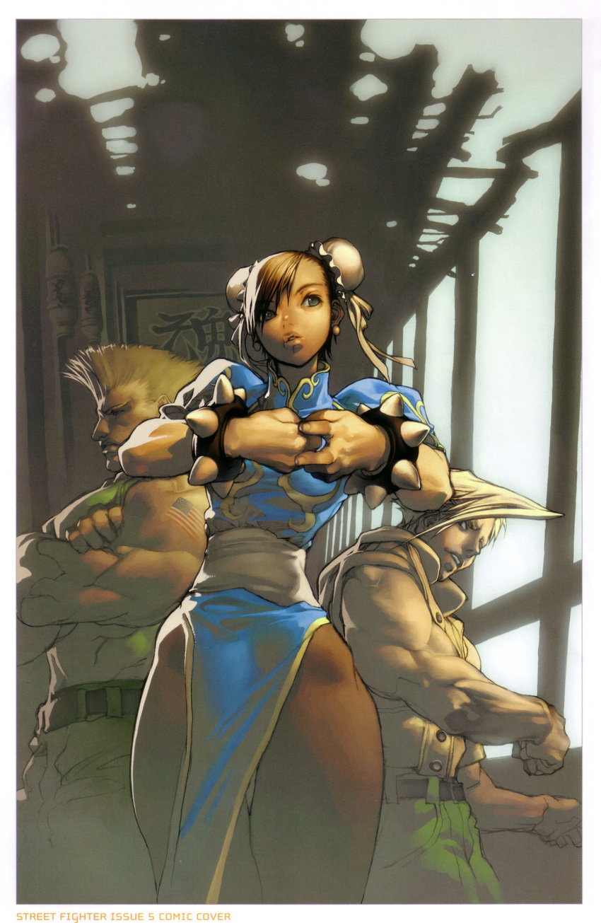2boys absurdres america blonde_hair bracelet breasts brown_eyes brown_hair bun_cover charlie_nash china_dress chinese_clothes chun-li curvy double_bun dress guile highres jewelry kim_hyung_tae large_breasts lips multiple_boys muscle pantyhose pelvic_curtain short_hair spiked_bracelet spikes street_fighter thick_thighs thighs