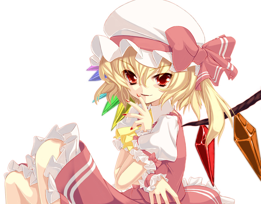 bad_id bad_pixiv_id blonde_hair colorized fang fingernails flandre_scarlet gotou_nao hat one_side_up red_eyes ribbon short_hair solo touhou vi_(ena0930) wings