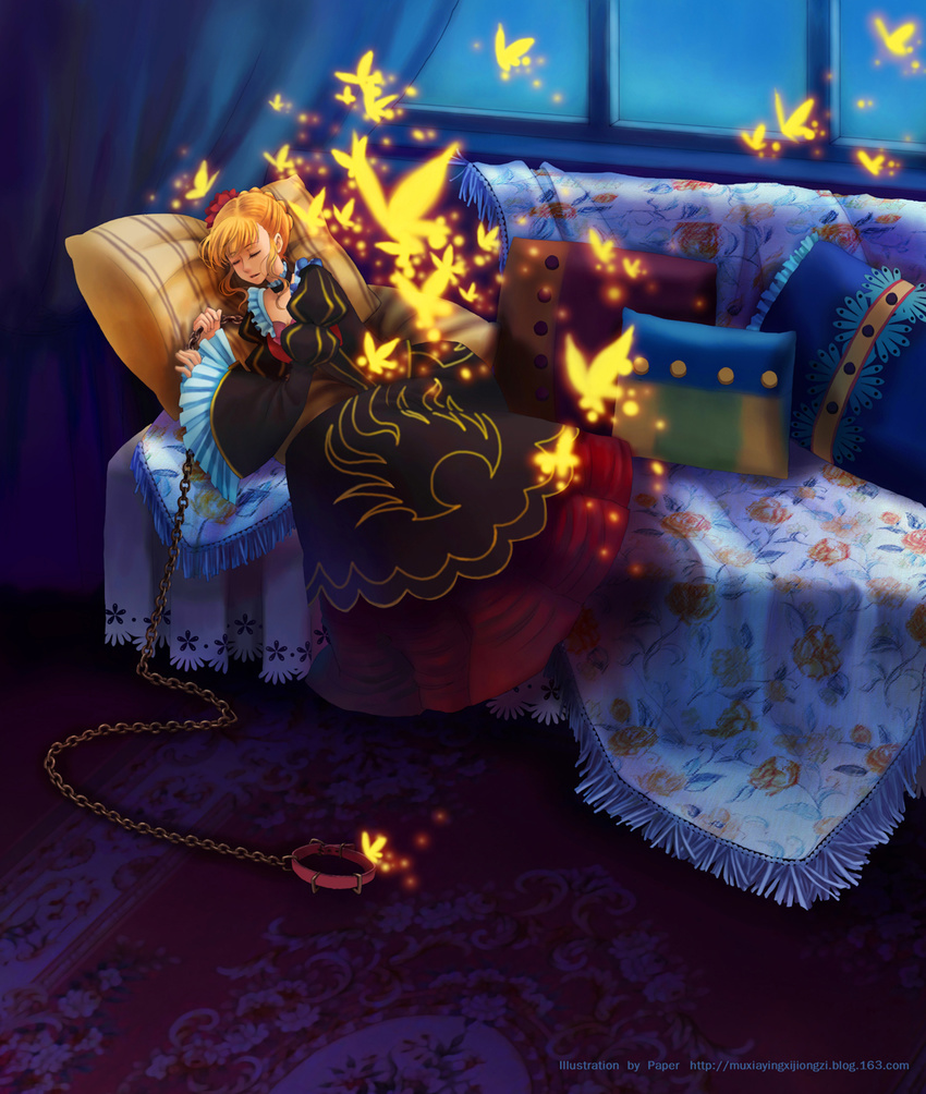 beatrice blonde_hair braid bug butterfly chain choker closed_eyes collar couch dress formal frills hair_ornament highres insect muxiaying pillow skirt sleeping solo umineko_no_naku_koro_ni