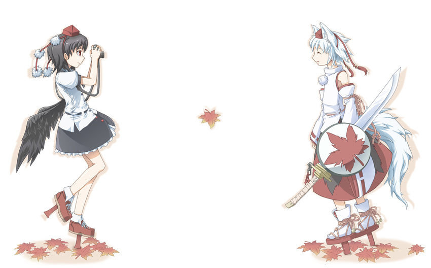 animal_ears black_hair black_wings camera detached_sleeves geta hat inubashiri_momiji leaf marujin multiple_girls red_eyes shameimaru_aya shield short_hair sword tail tengu-geta tokin_hat touhou weapon white_hair wings wolf_ears wolf_tail