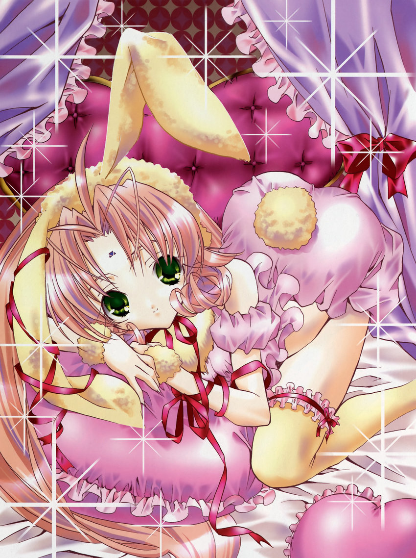 absurdres animal_ears bed bunny_ears dears frills green_eyes highres long_hair miu peach-pit pillow pink_hair ribbon solo sparkle thighhighs yellow_legwear