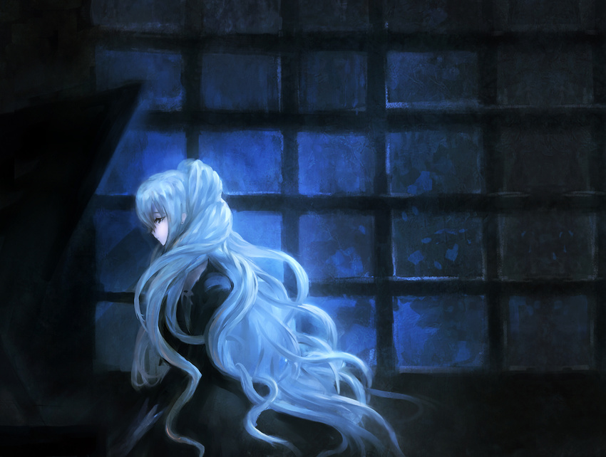 akn bad_id bad_pixiv_id bow dark dress glowing hair_bow hanazono_shizuma long_hair night sad solo strawberry_panic! very_long_hair wavy_hair white_hair window