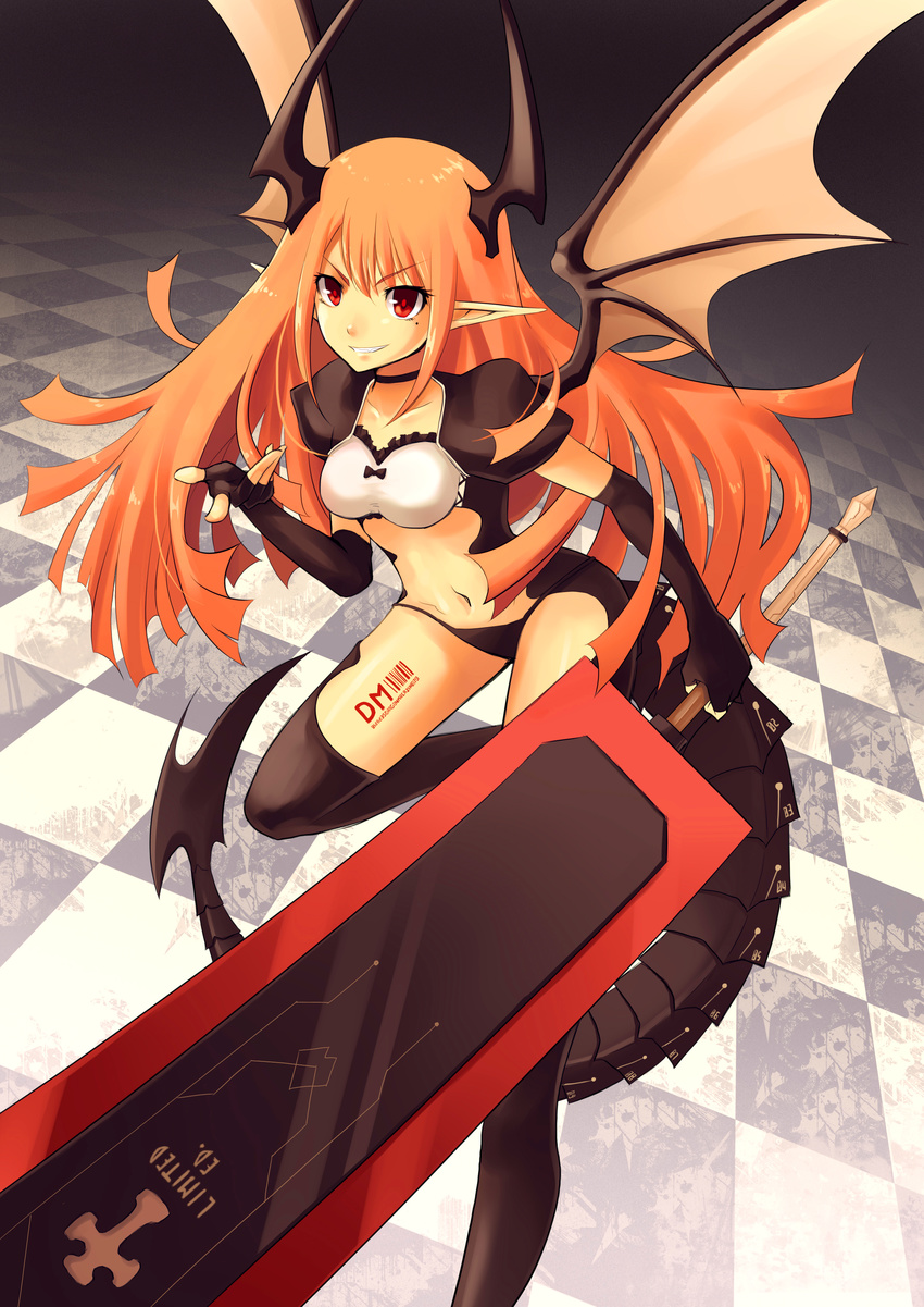 absurdres bad_id bad_pixiv_id barcode bow breasts copyright_request dragon dragon_girl dragon_tail dragon_wings elbow_gloves fingerless_gloves gloves grin highres horns huge_weapon long_hair medium_breasts midriff mole mole_under_eye monster_girl navel ochakai_shin'ya orange_hair panties pointy_ears red_eyes smile solo sword tail thighhighs thong underwear very_long_hair weapon wings