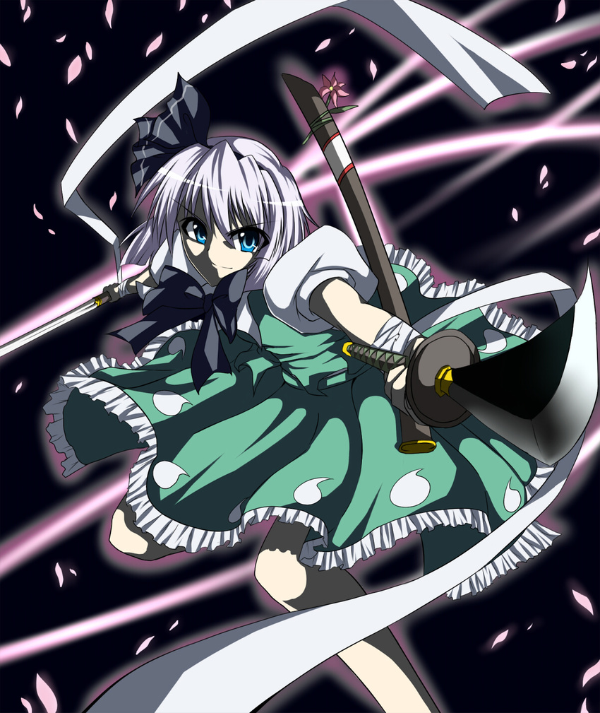 bandages blue_eyes hairband highres katana konpaku_youmu petals shangorilla short_hair silver_hair solo sword touhou weapon