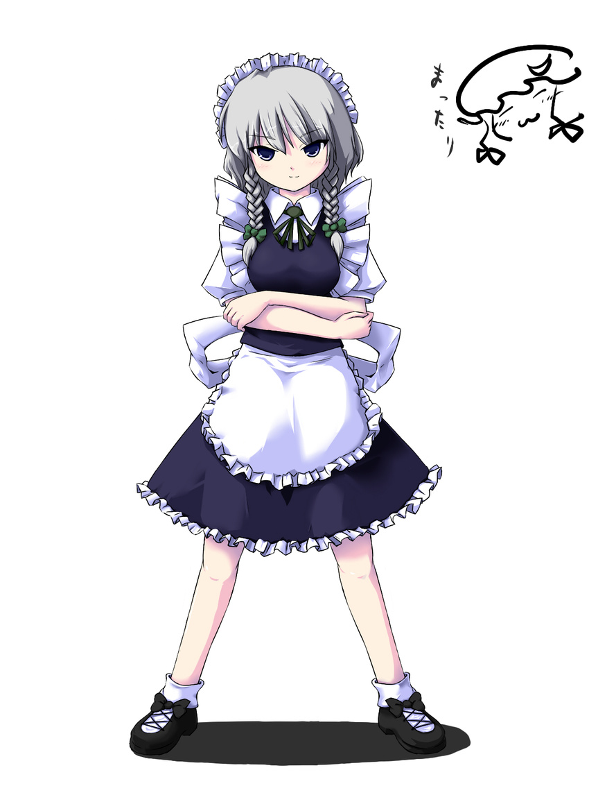 apron blue_eyes braid coo highres izayoi_sakuya maid maid_headdress short_hair silver_hair solo touhou twin_braids