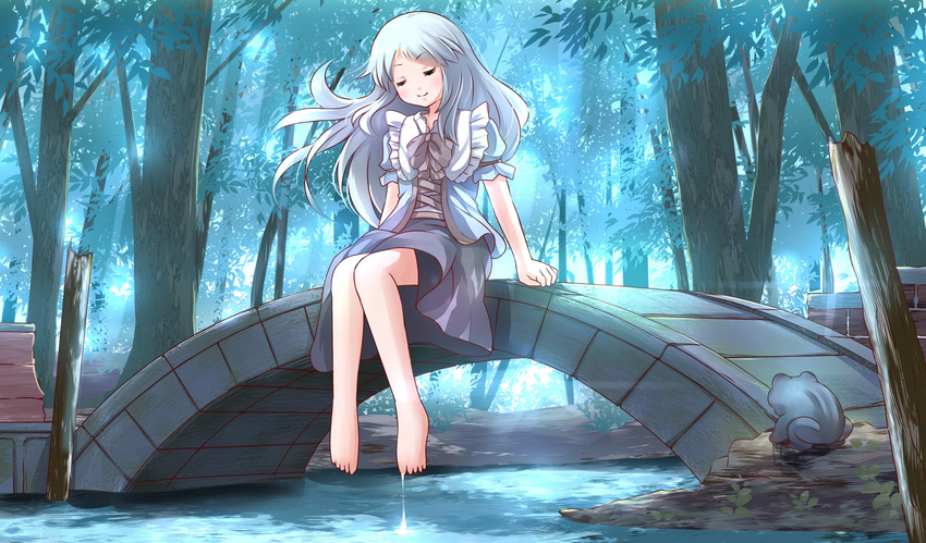 barefoot closed_eyes forest highres long_hair looking_at_viewer nature original risutaru river silver_hair sitting smile solo wind