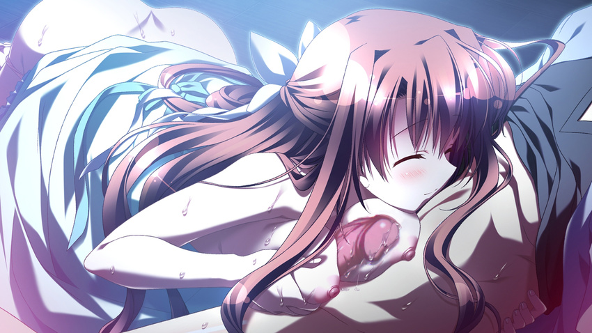 1girl areolae blush breasts brown_hair eyes_closed game_cg long_hair natsuzora_no_perseus nipples paizuri penis sawatari_tohka shouna_mitsuishi sweat takasaki_mako uncensored