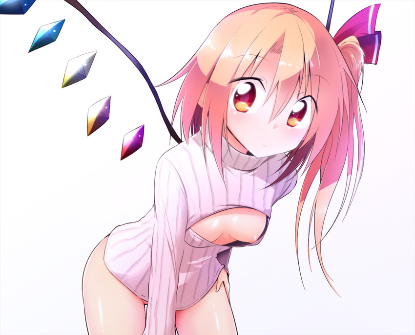 alternate_costume areola_slip areolae blonde_hair blush bottomless breasts chipa_(arutana) cleavage cleavage_cutout downblouse flandre_scarlet hair_ribbon leaning_forward looking_at_viewer meme_attire naked_sweater no_panties open-chest_sweater red_eyes ribbed_sweater ribbon side_ponytail simple_background small_breasts solo sweater touhou turtleneck white_background wings
