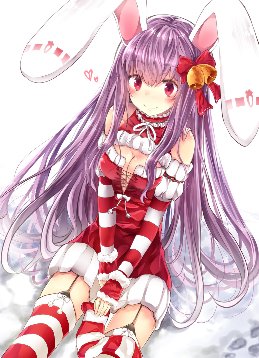 animal_ears bow breasts bunny_ears christmas cleavage cleavage_cutout cross-laced_clothes detached_sleeves dutch_angle e-co garter_straps hair_bow halterneck heart highres long_hair medium_breasts purple_hair red_eyes reisen_udongein_inaba simple_background sitting striped striped_legwear thighhighs touhou very_long_hair white_background zettai_ryouiki