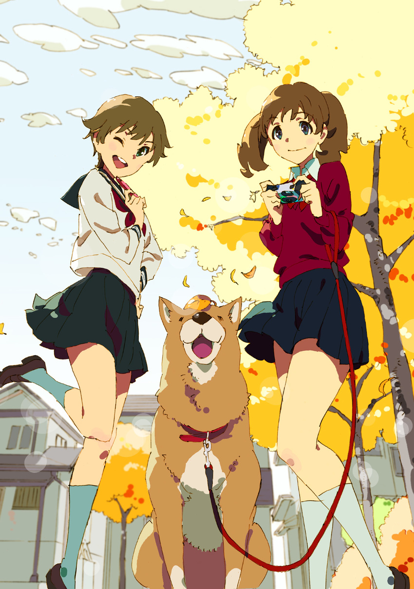 brown_hair camera chikaoka_sunao dog highres leash multiple_girls original school_uniform short_hair skirt