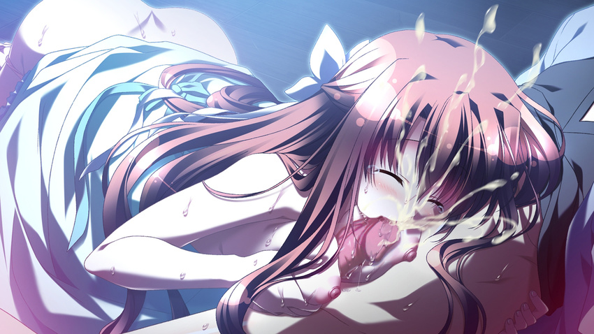 1girl areolae blush breasts brown_hair cum eyes_closed game_cg long_hair natsuzora_no_perseus nipples paizuri penis sawatari_tohka shouna_mitsuishi sweat takasaki_mako uncensored