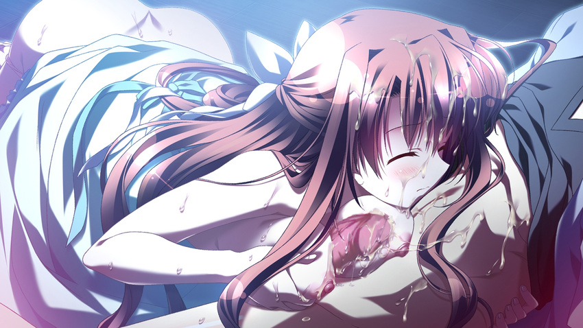 1girl areolae blush breasts brown_hair cum eyes_closed game_cg long_hair natsuzora_no_perseus nipples paizuri penis sawatari_tohka shouna_mitsuishi sweat takasaki_mako uncensored