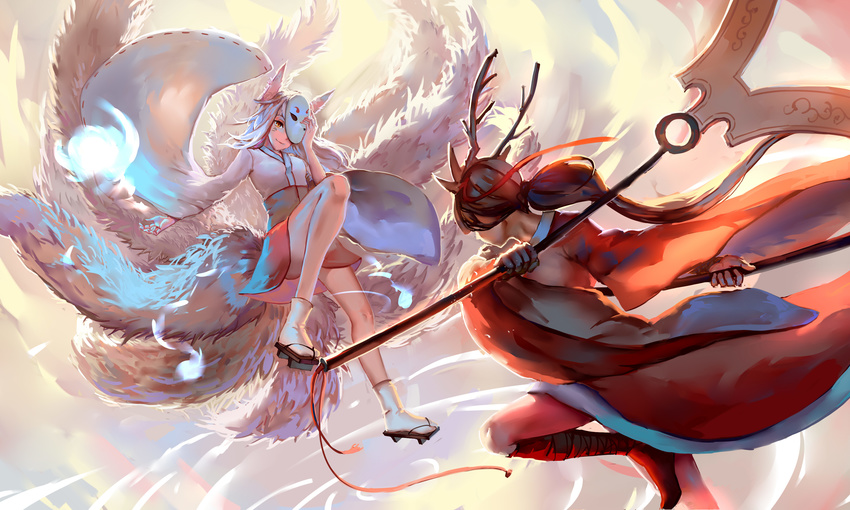 absurdres ahri akali alternate_costume black_hair blood_moon_akali dual_wielding fighting_stance fox_mask highres holding japanese_clothes kama_(weapon) kimono league_of_legends long_hair long_sleeves looking_at_another mask multiple_girls ponytail sickle sishenfan sleeves_past_wrists smile wide_sleeves