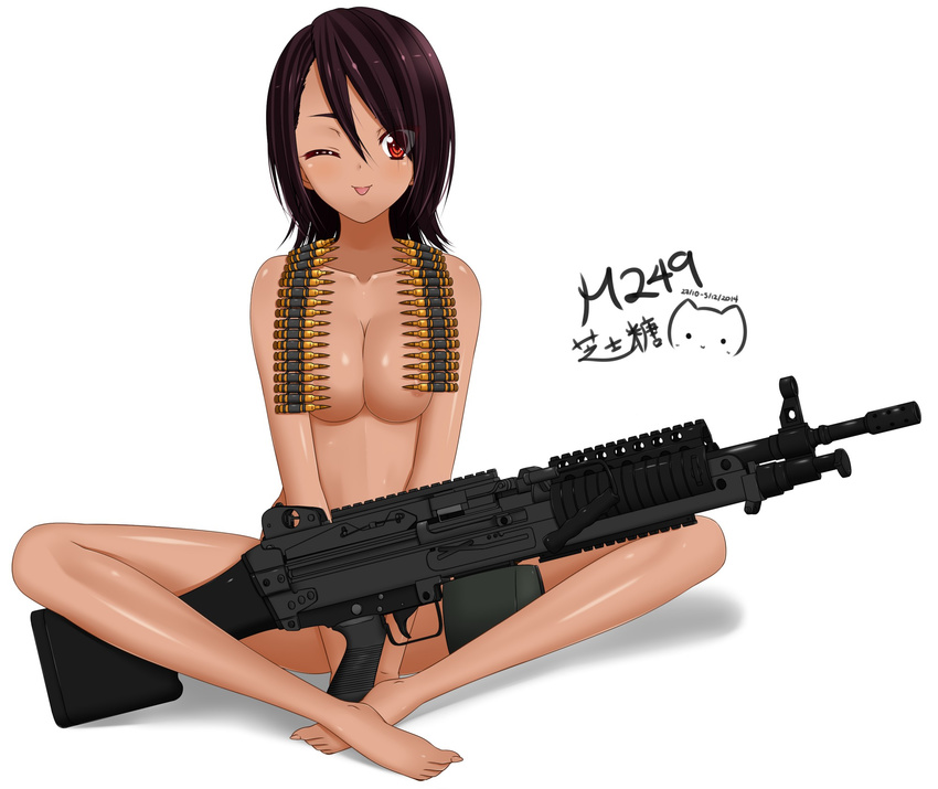barefoot breasts bullet convenient_censoring gun highres ppshex red_eyes solo weapon wink