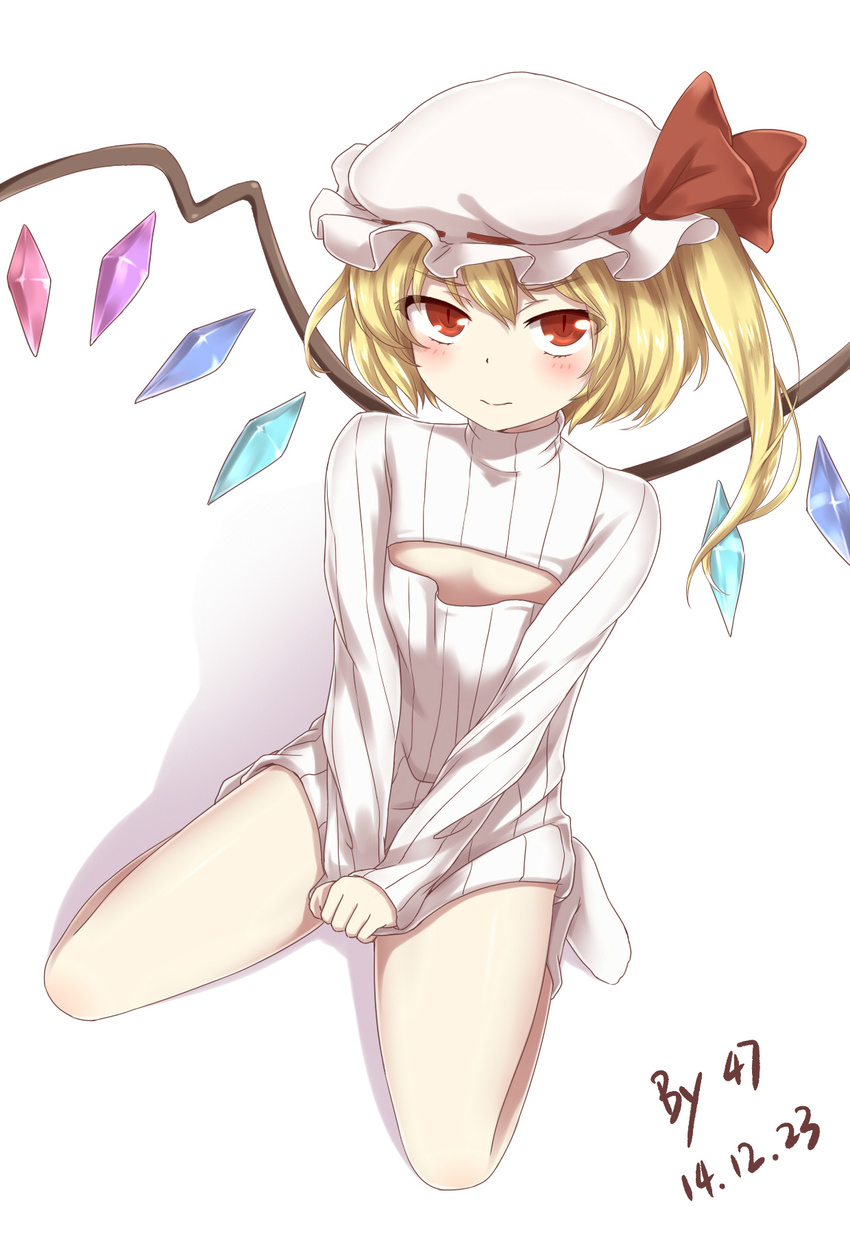 47_(479992103) artist_name blonde_hair cleavage_cutout clothes_tug covering covering_crotch dated flandre_scarlet flat_chest hat highres long_hair meme_attire open-chest_sweater red_eyes ribbed_sweater side_ponytail simple_background sitting socks solo sweater sweater_tug touhou turtleneck wariza white_background wings